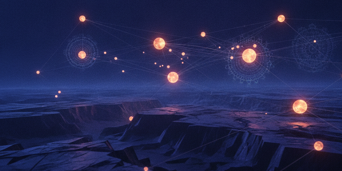 An abstract illustration of dozens of glowing idea nodes connecting into constellations above a dark landscape, a few nodes burning brighter than the rest.