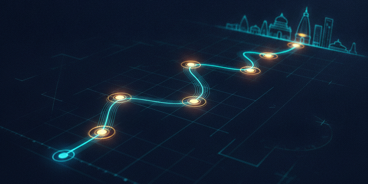 An architectural blueprint style illustration of a route winding from a small origin point through six distinct checkpoints toward a glowing city skyline.