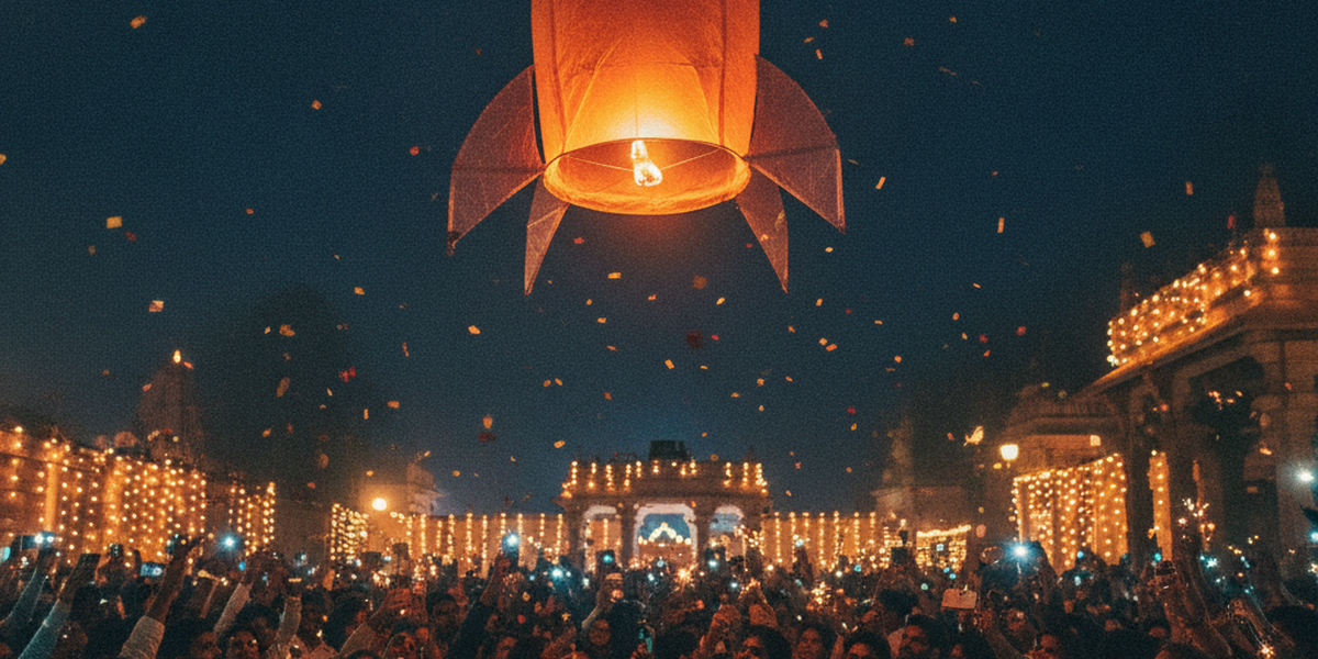A rocket-shaped paper lantern rising above a night market crowd holding small lights, warm and slightly ironic celebratory mood.