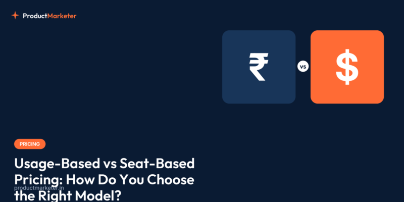 A pricing page mockup on a monitor comparing a per-seat plan and a per-usage plan, a founder weighing the two with notes on paper.