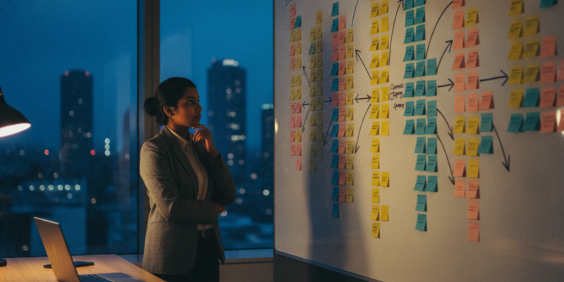 A product marketer at a whiteboard covered in customer segments and messaging frameworks, laptop open with a launch checklist, warm office light in the evening.