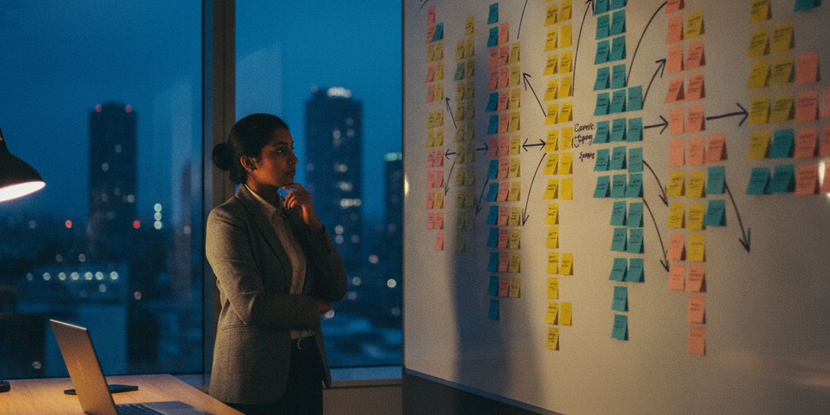 A product marketer at a whiteboard covered in customer segments and messaging frameworks, laptop open with a launch checklist, warm office light in the evening.